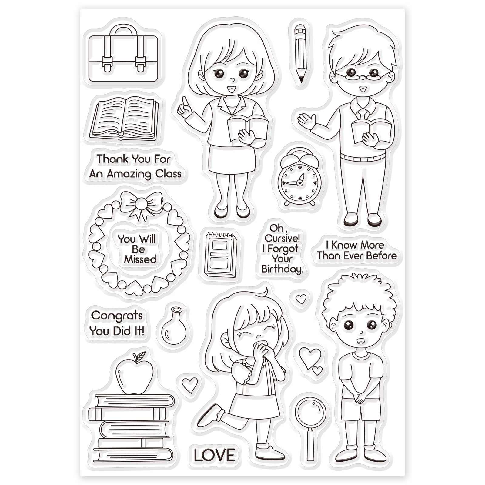 Globleland Female Teacher, Male Teacher, Female Student, Male Student, Pen, School Bag, Book Clear Stamps Silicone Stamp Seal for Card Making Decoration and DIY Scrapbooking