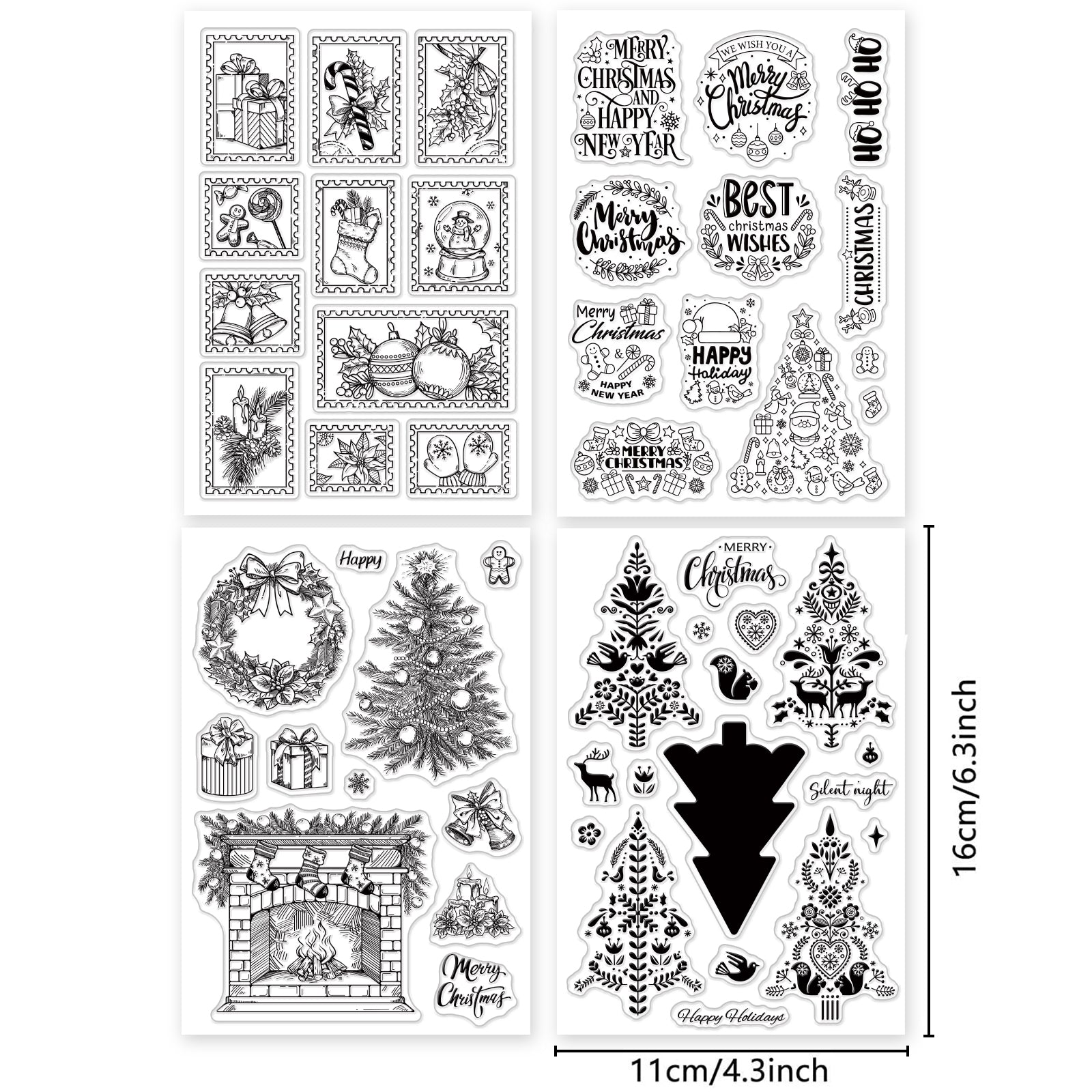 Globleland Christmas Tree, Christmas Greetings, Christmas Fireplace, Folk Art Clear Silicone Stamp Seal for Card Making Decoration and DIY Scrapbooking