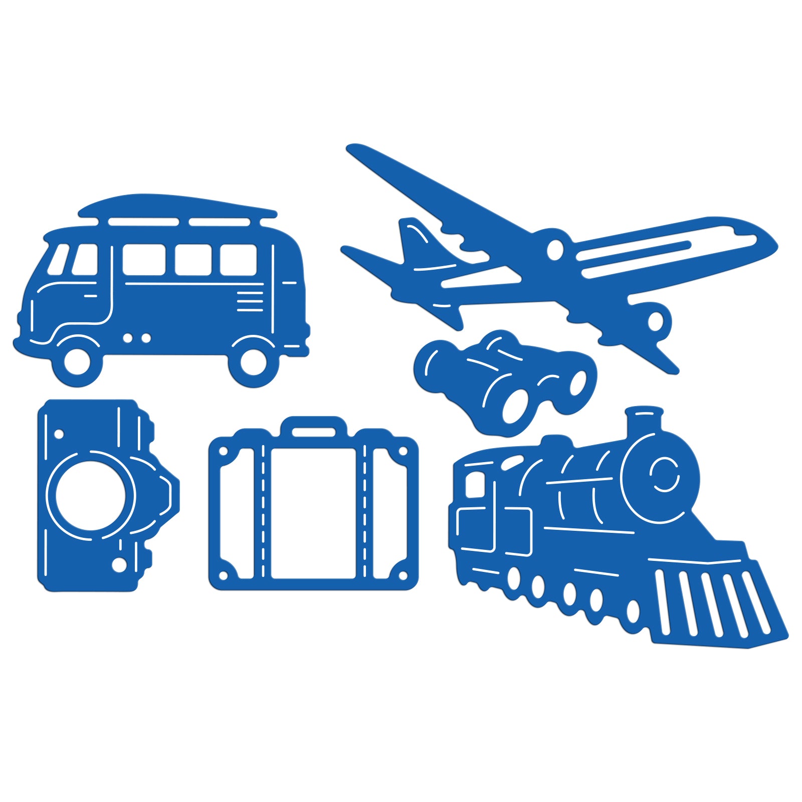 Globleland Train, Plane, Suitcase, Camera, Travel Bus, Binoculars Carbon Steel Cutting Dies Stencils, for DIY Scrapbooking/Photo Album, Decorative Embossing DIY Paper Card