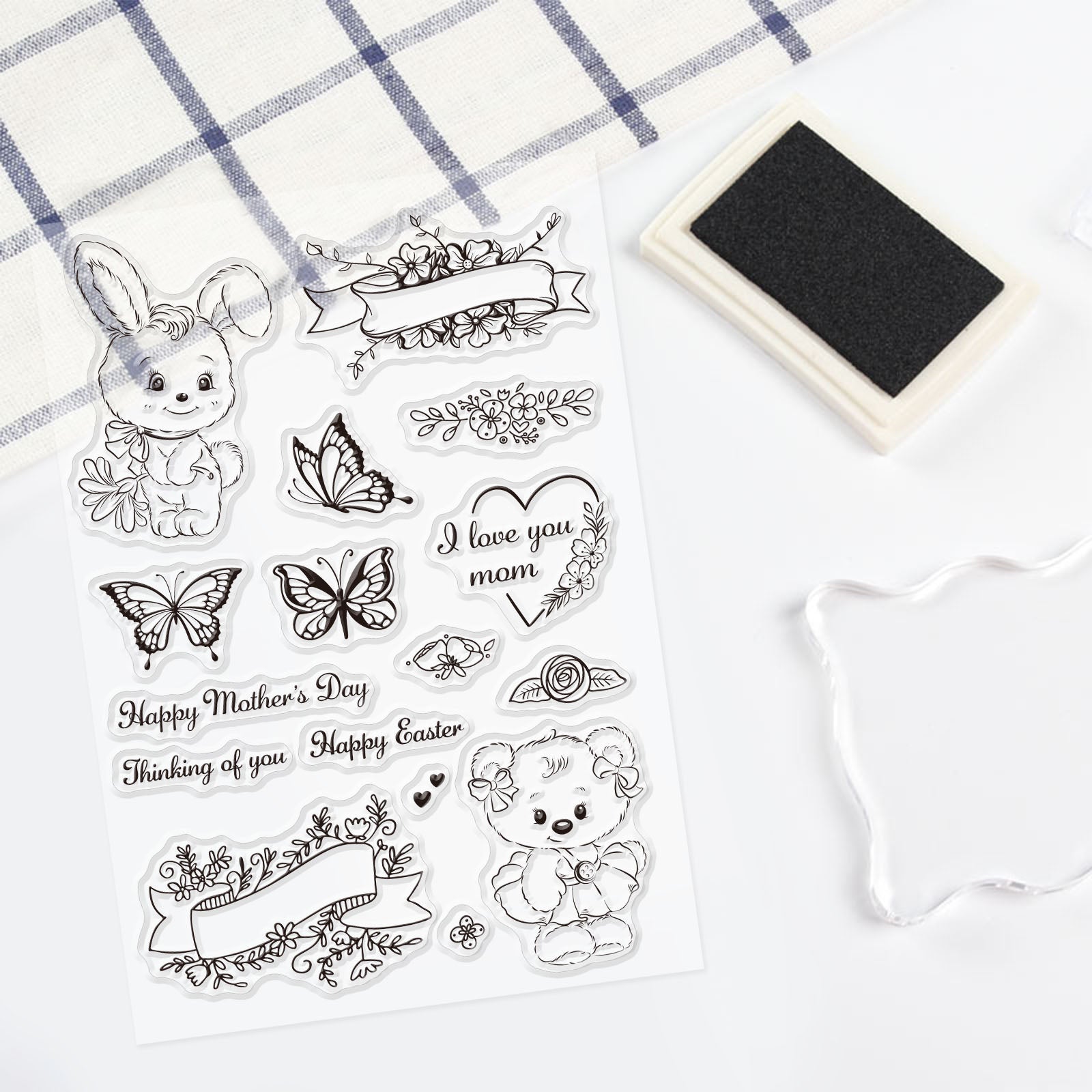 Globleland Bear, Rabbit, Butterfly, Flower, Mother's Day, Easter Clear Silicone Stamp Seal for Card Making Decoration and DIY Scrapbooking