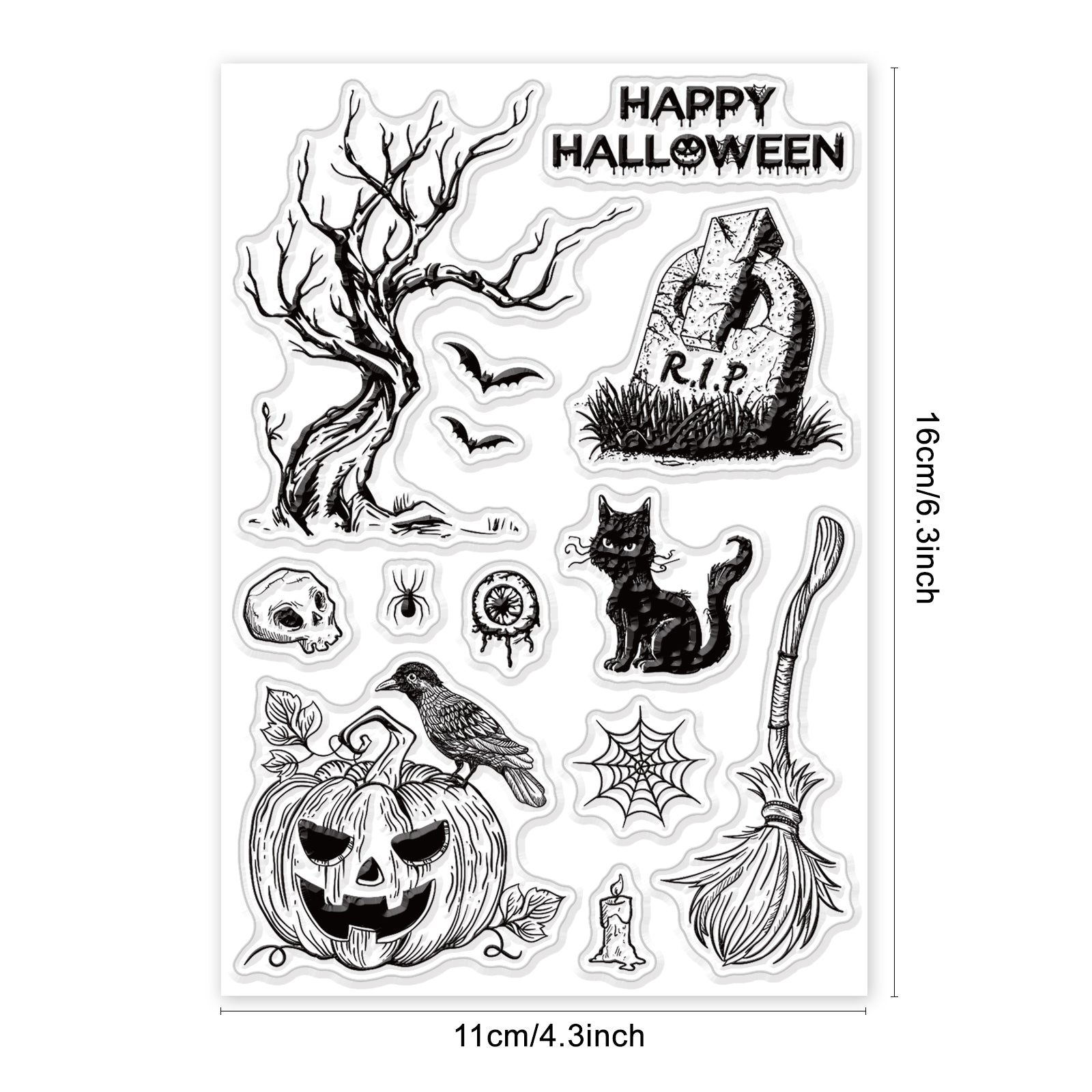 Globleland Halloween Clear Stamps, Crowd, Broom, Tombstone, Spider Web, Bat Clear Stamps Silicone Stamp Seal for Card Making Decoration and DIY Scrapbooking