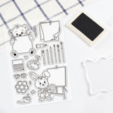Globleland Small Animal Artist, Bear with Drawing Board, Rabbit with Paintbrush, Sticky Note Stamp, Art Tool Stamp Clear Silicone Stamp Seal for Card Making Decoration and DIY Scrapbooking