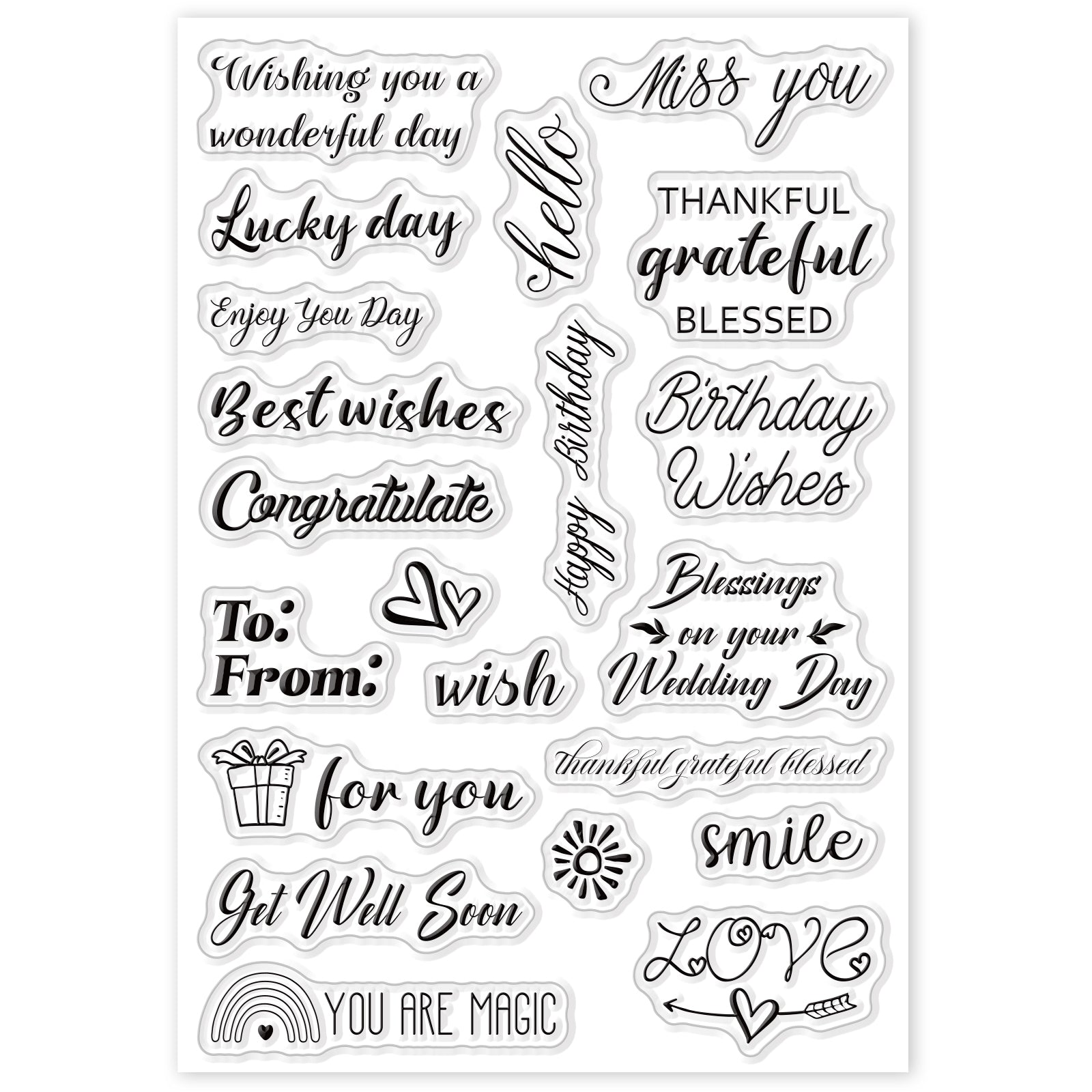 4pcs Words Clear Stamps Silicone Stamp Cards with Greeting Words