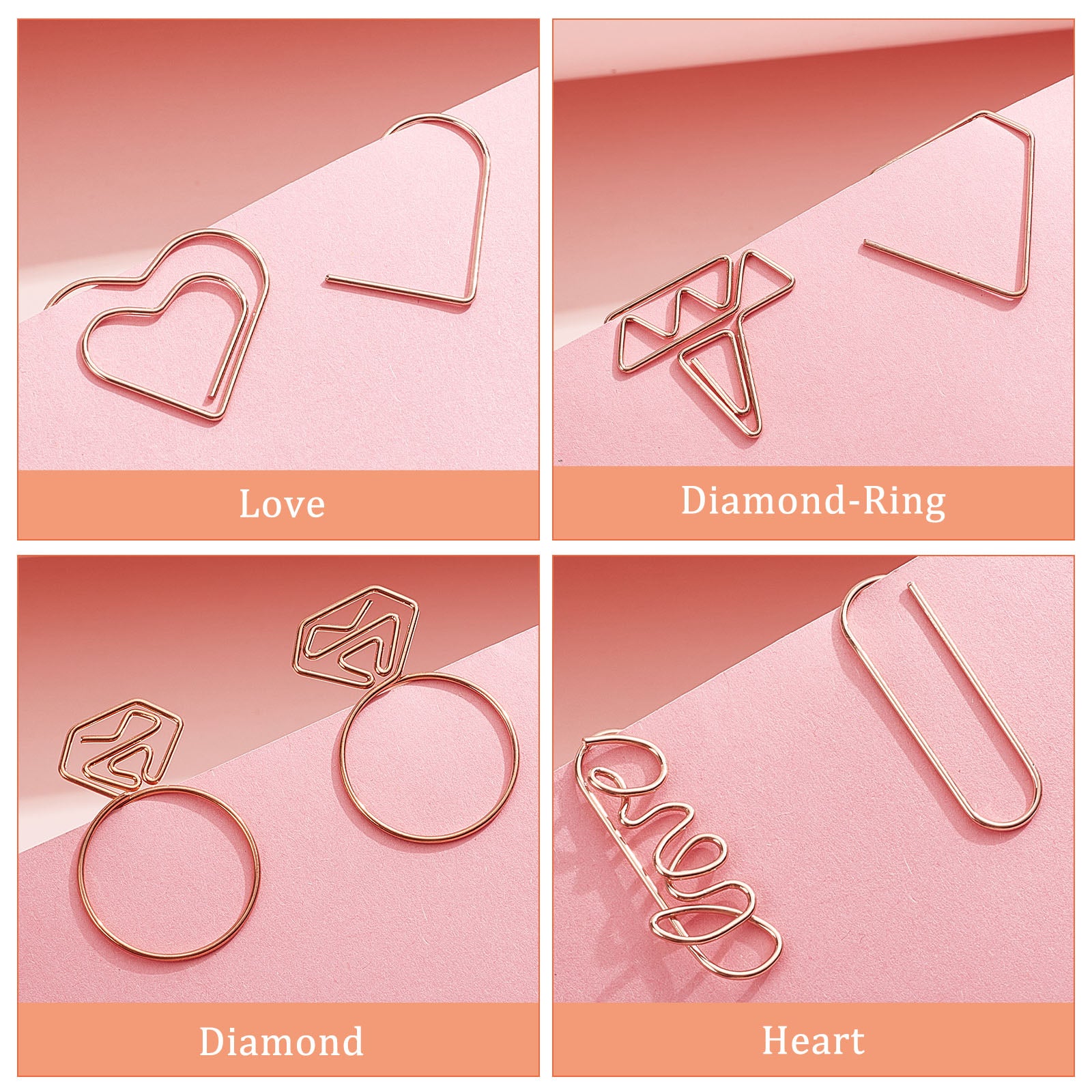 20Pcs 4 Style Iron Paper Clips, Mixed Shapes, with 1Pc Aluminum Box, for Valentine's Day, Rose Gold, Clips: 12~36x23.5~33x1~4mm, 5pcs/style