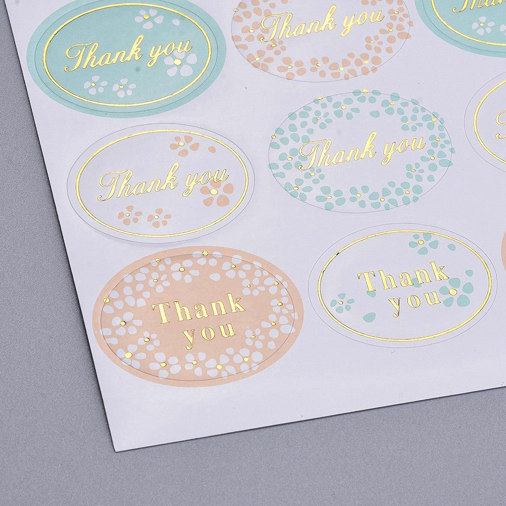 Globleland 1 Inch Thank You Sticker, DIY Label Paster Picture Stickers, Oval with Word Thank You and Flower Pattern, Colorful, Sticker: 35x25mm, about 24pcs/sheet