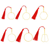 Globleland 6Pcs 6 Style Chinese Ancient Hand Fan Shape Brass Wire Wrap Metal Bookmark with Tassel for Book Lover, Golden, Red, 175~217mm, 1pc/style
