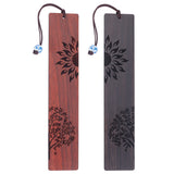 Globleland 2Pcs 2 Colors Sandalwood Carving Bookmark, with Polyester Cord and Ceramic Beads, Rectangle with Sun & Tree, Mixed Color, 220mm, 1pc/color