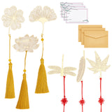 Globleland 6 Styles Brass Bookmarks, with Polyester Ribbon, Paper Letter Paper & Envelope, Dragonfly & Feather & Maple Leaf & Ginkgo Leaf & Clover & Lotus, Golden, 110mm, 1set/bag