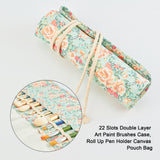 Globleland 22 Slots Double Layer Art Paint Brushes Case, Roll Up Pen Holder Canvas Pouch Bag, Floral Pattern, Aqua, 43x37.5x0.4cm