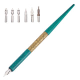 Globleland Stainless Steel Dip Pen, with Wooden Pen Stick & 6 Kinds of Stainless Steel Nibs, Teal, Pen: 183x10mm, Stainless Steel Nibs: 17~39x6.5~8x2~5mm, 6pcs