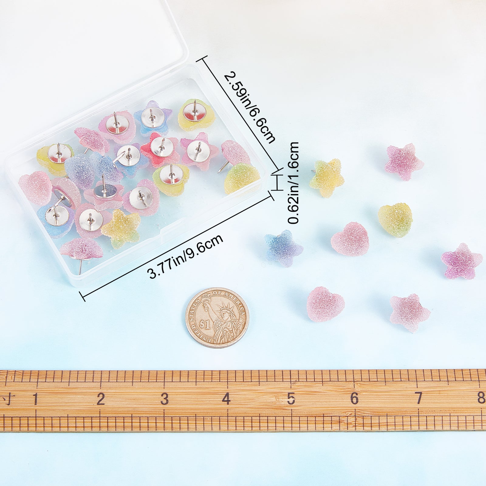 Drusy Plastic Push Pins, Thumbtack, with Steel Pin, for Home School Office Notice Board Cork Board, Heart & Star, Mixed Color, 15~17x16.5~18mm, 30pcs/box