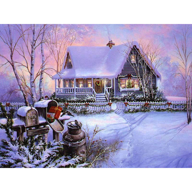 Globleland DIY Winter Snowy House Scenery Diamond Painting Kits, including Resin Rhinestones, Diamond Sticky Pen, Tray Plate and Glue Clay, Colorful, 300x400mm, 2Set/Pack