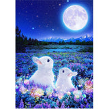 Globleland DIY Rectangle Rabbit Theme Diamond Painting Kits, Including Canvas, Resin Rhinestones, Diamond Sticky Pen, Tray Plate and Glue Clay, Rabbits in the Moon Night, Blue, 400x300mm, 2Set/Pack