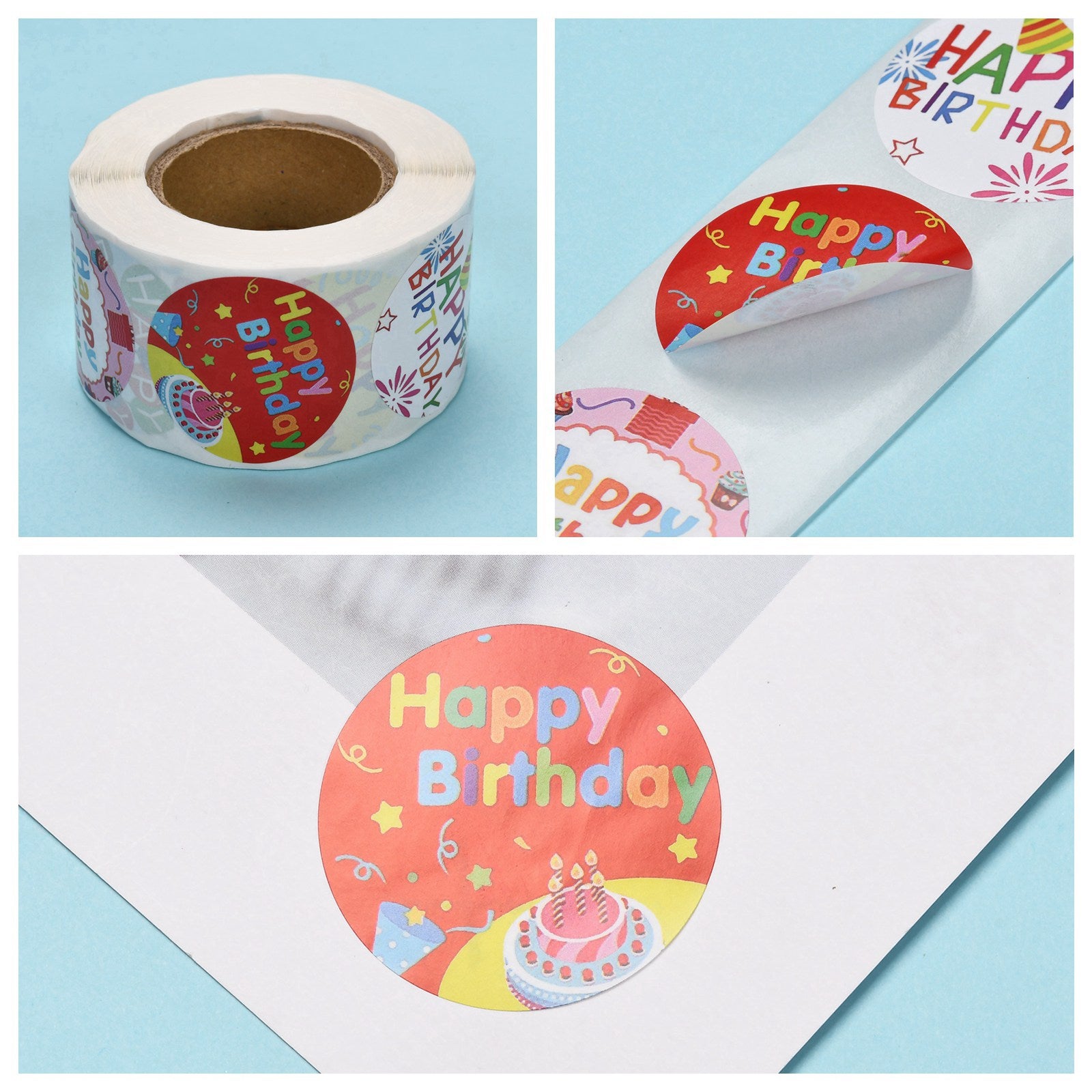 Globleland Self-Adhesive Paper Stickers, for Birthday Party, Decorative Presents, Round with Word Happy Birthday, Colorful, 38mm, 500pcs/roll