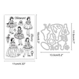 DIY Scrapbook Kits, including 1 Sheet PVC Plastic Stamps and 1Pc Carbon Steel Cutting Dies Stencils, Girl Pattern, Stamps: 16x11x0.3cm, Stencils: 11.9x13x0.08cm
