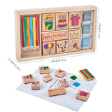 Globleland Birthday Theme Wooden Stamp Sets, for Kids, with Brush, Mixed Color, Box: 220x130x24mm