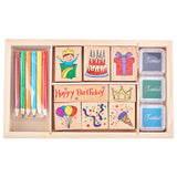 Globleland Birthday Theme Wooden Stamp Sets, for Kids, with Brush, Mixed Color, Box: 220x130x24mm