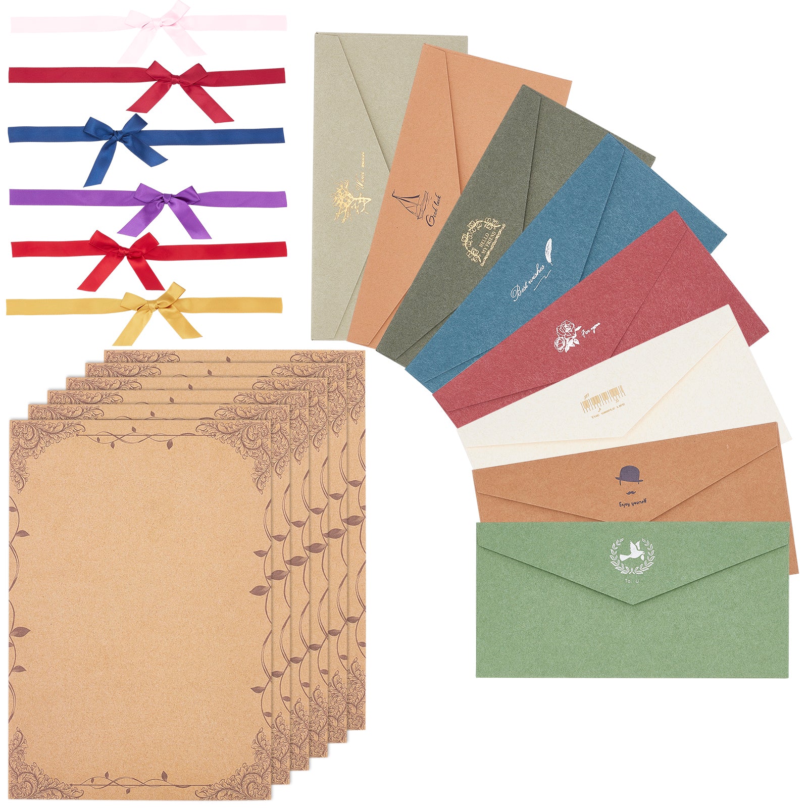 Globleland Vintage Retro Western Style Paper Envelope, Bowknot Polyester Satin Ribbon, Gilding Kraft Writing Paper, Mixed Color, 22x10.9cm, 40pcs