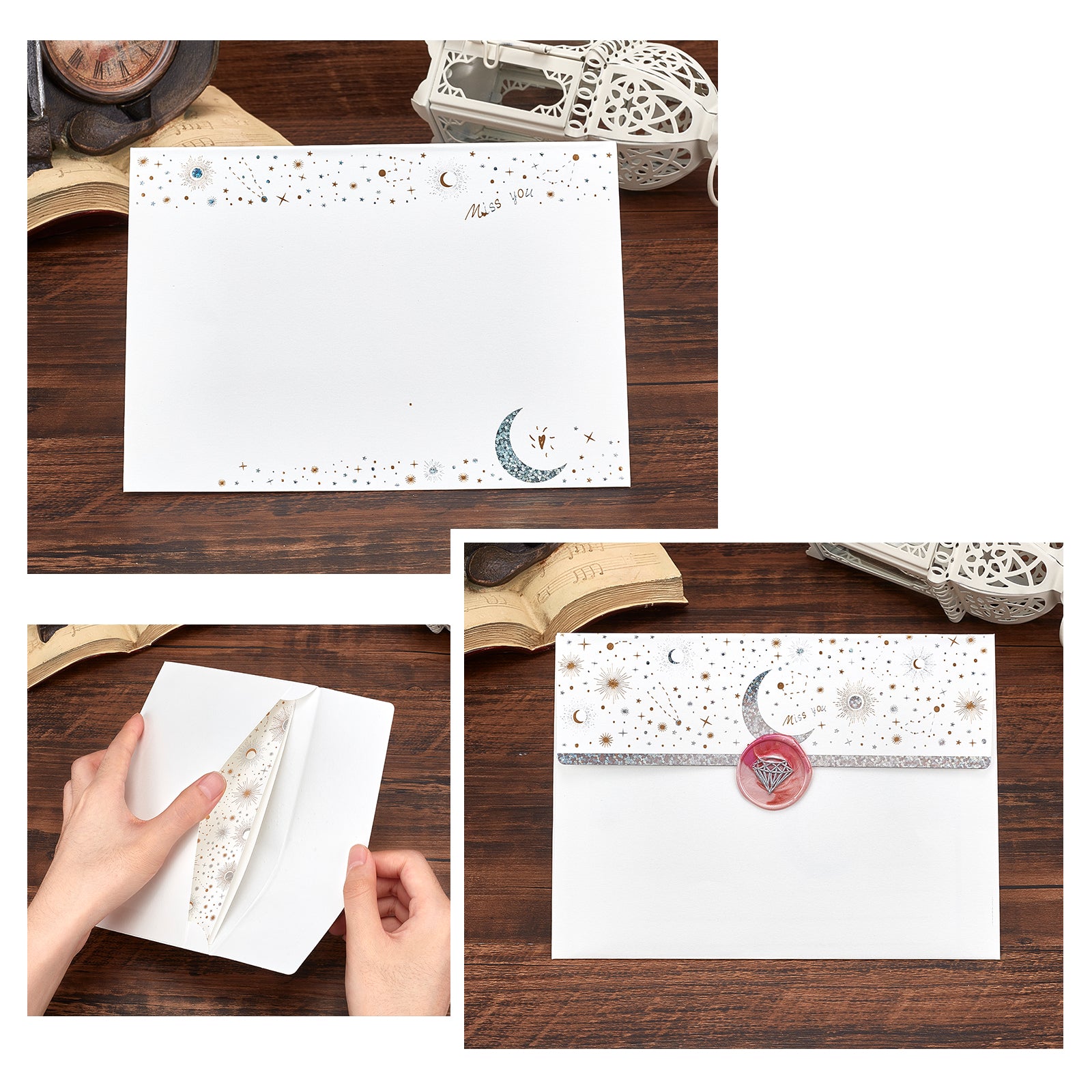Globleland Paper Letter Envelopes, Rectangle with Star and Moon Pattern, White, 12.5x17.5x0.1cm, 12pcs