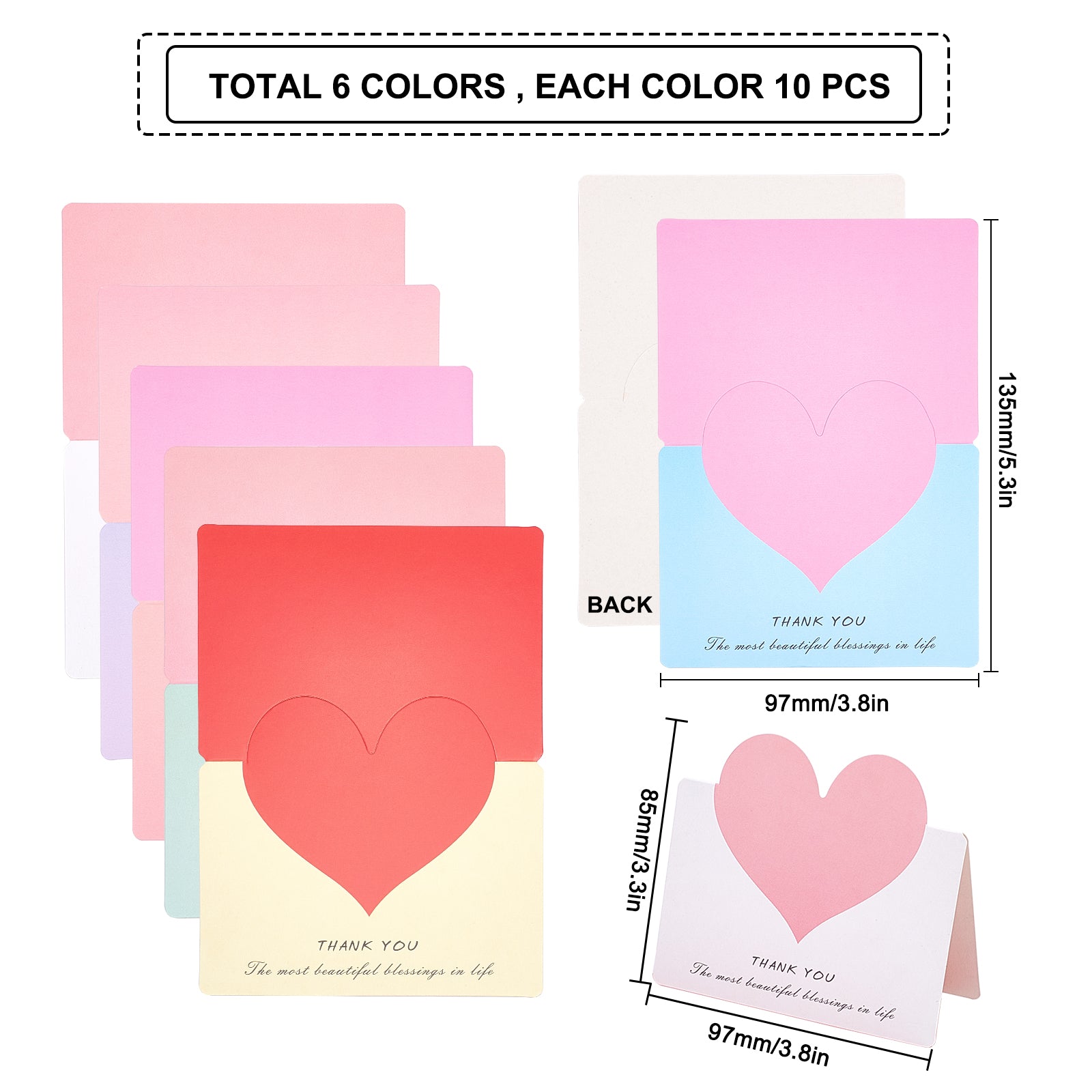 Globleland 60 Pcs 6 Colors Paper Greeting Cards, for Thanksgiving Day, Heart with Word Pattern, Mixed Color, fold: 8.5x9.7cm, unfold: 13.5x9.7x0.03cm, 10pcs/color