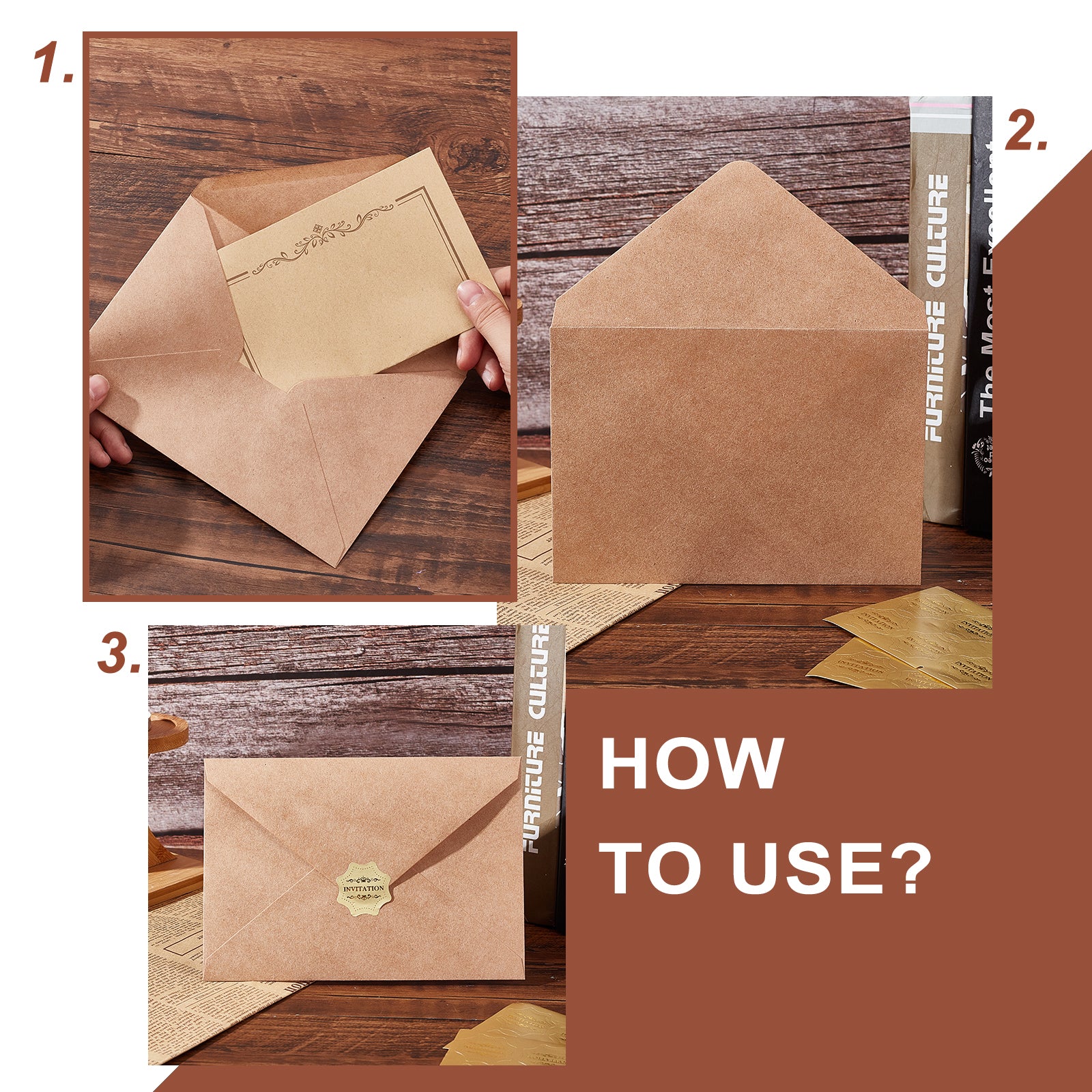 Globleland Gilding Classical Kraft Paper Envelopes with Stickers, and Crown Pattern Letter Paper, BurlyWood, 135x195x0.5mm, Stickers: 35mm, 30sets