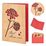 Globleland Rectangle with Pattern Wooden Greeting Cards, with Red Paper InsidePage, with Rectangle Blank Paper Envelopes, Rose Pattern, Wooden Greeting Card: 1pc, Envelopes: 1pc