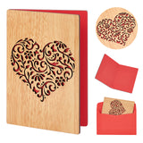Globleland Rectangle with Pattern Wooden Greeting Cards, with Red Paper InsidePage, with Rectangle Blank Paper Envelopes, Heart Pattern, Wooden Greeting Card: 1pc, Envelopes: 1pc