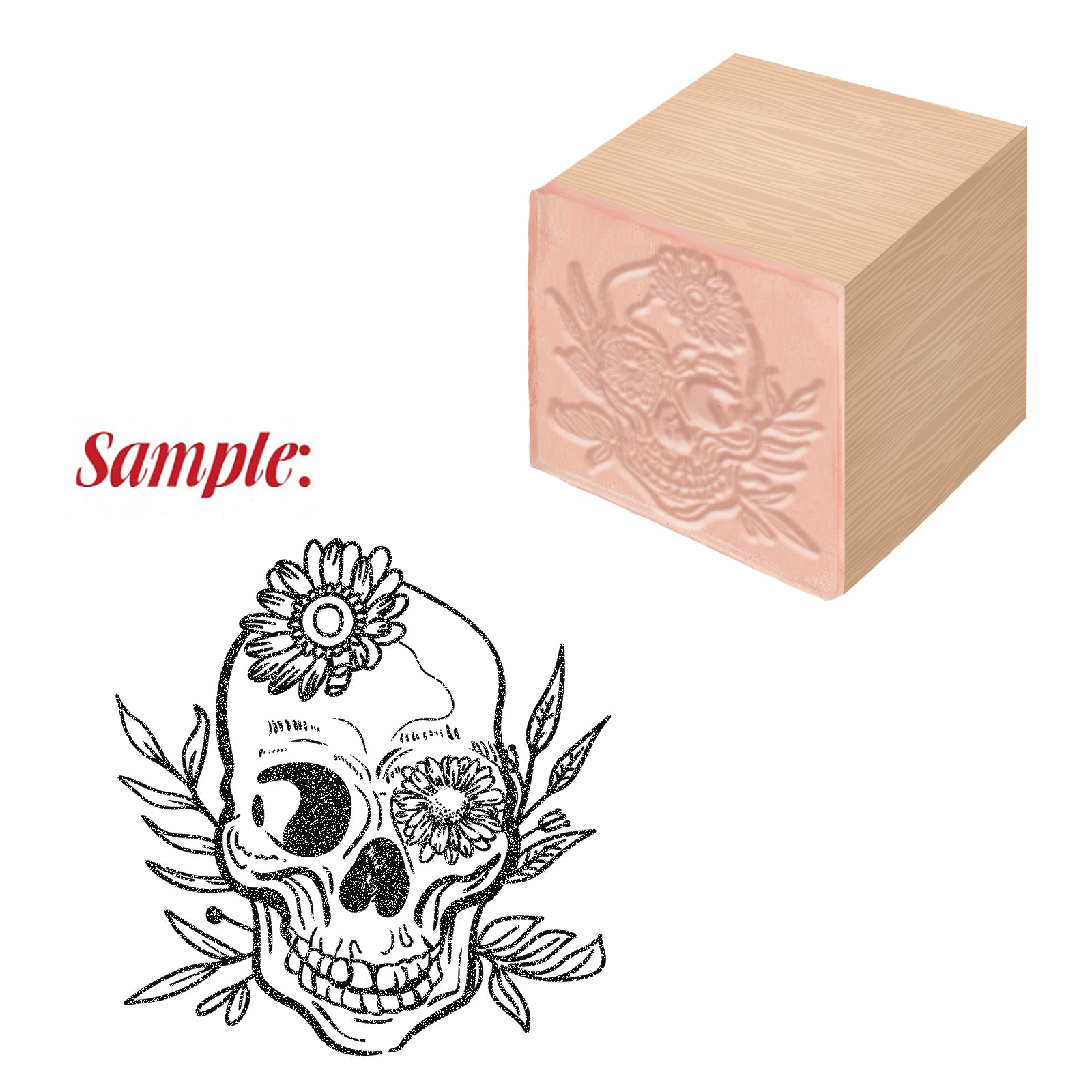 Globleland 1Pc Beechwood Stamps, with 1Pc Resin Stamp Sheet, Square, Scrapbook Accessories, Skull Pattern, 7.5x7.5x2.3cm