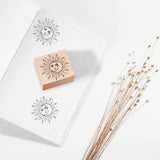 Globleland 1Pc Beechwood Stamps, with 1Pc Resin Stamp Sheet, Square, Scrapbook Accessories, Sun Pattern, 7.5x7.5x2.3cm