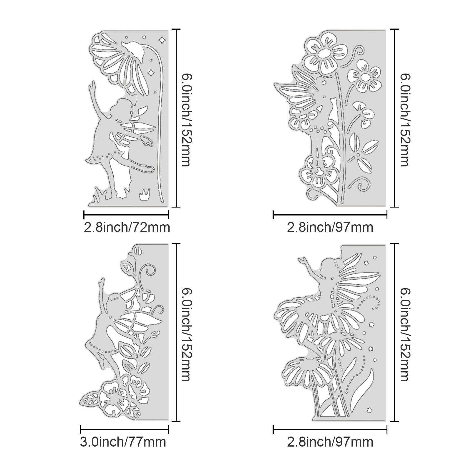 Globleland 4Pcs 4 Styles Carbon Steel Cutting Dies Stencils, for DIY Scrapbooking/Photo Album, Decorative Embossing DIY Paper Card, Floral & Fairy Pattern, Matte Platinum Color, 15.2x9.7x0.08cm