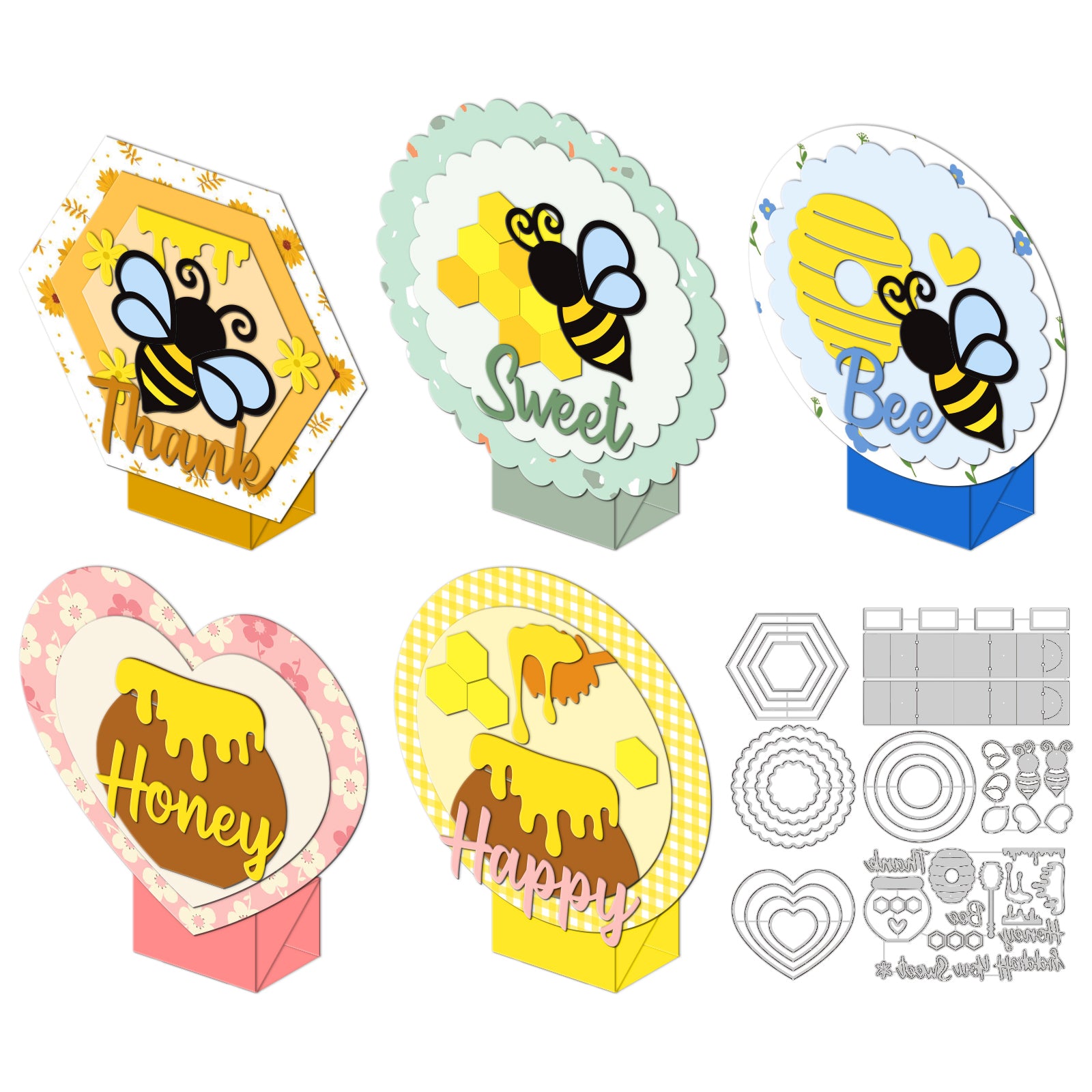 Globleland Bee Theme Carbon Steel Cutting Dies Stencils, for DIY Scrapbooking, Photo Album, Decorative Embossing Paper Card, Stainless Steel Color, Hexagon & Heart & Flat Round & Flower Pattern, Mixed Patterns, 68~154x72~103x0.8mm, 7pcs/set