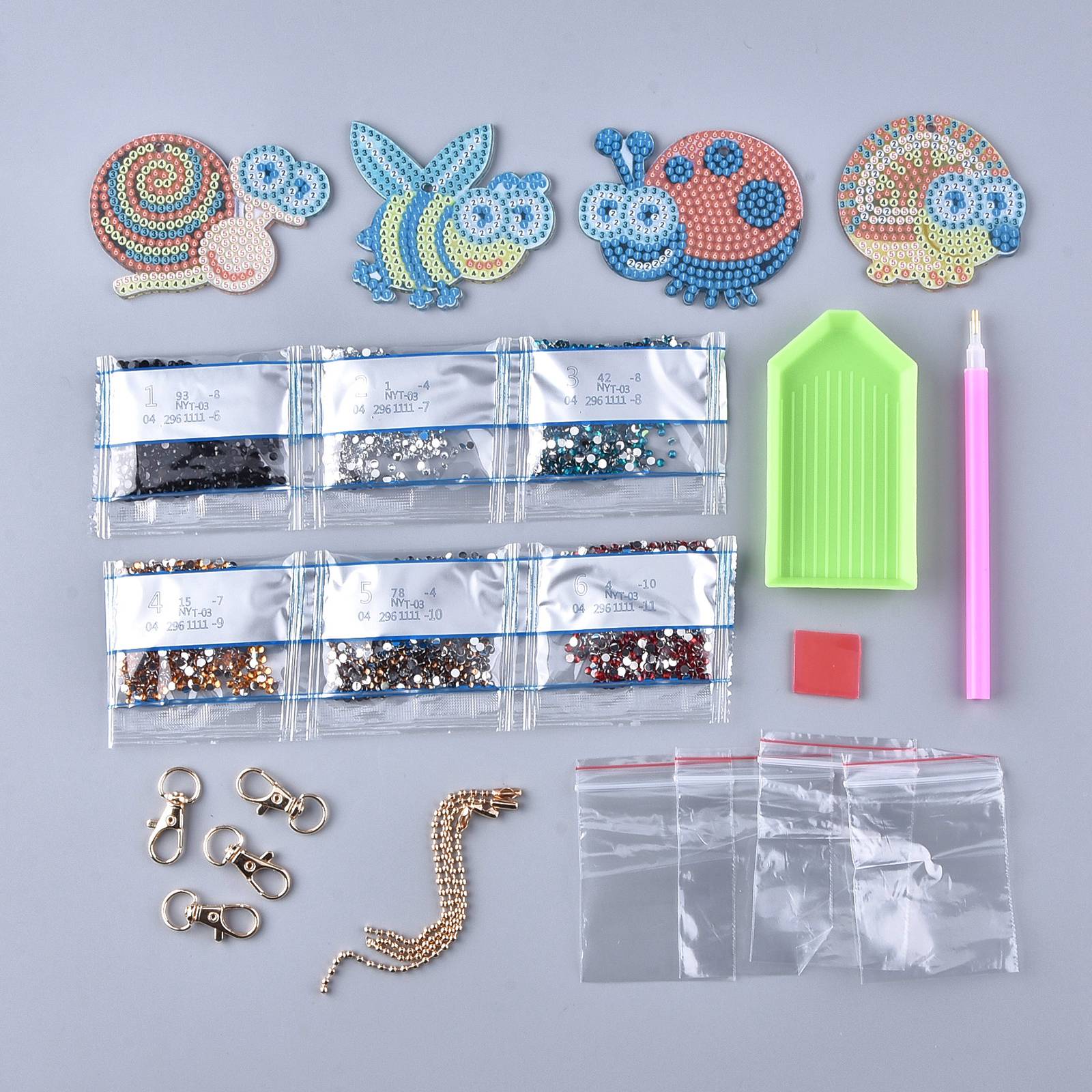 Globleland DIY Diamond Painting Keychain Kits, with Animal Shape Diamond Painting Mold, Rhinestone, Diamond Sticky Pen, Tray Plate and Glue Clay, Ball Chain Keychain, Swivel Clasp and OPP Bag, Mixed Color, 55x77.5x2mm, Hole: 2.8mm, 2Set/Pack