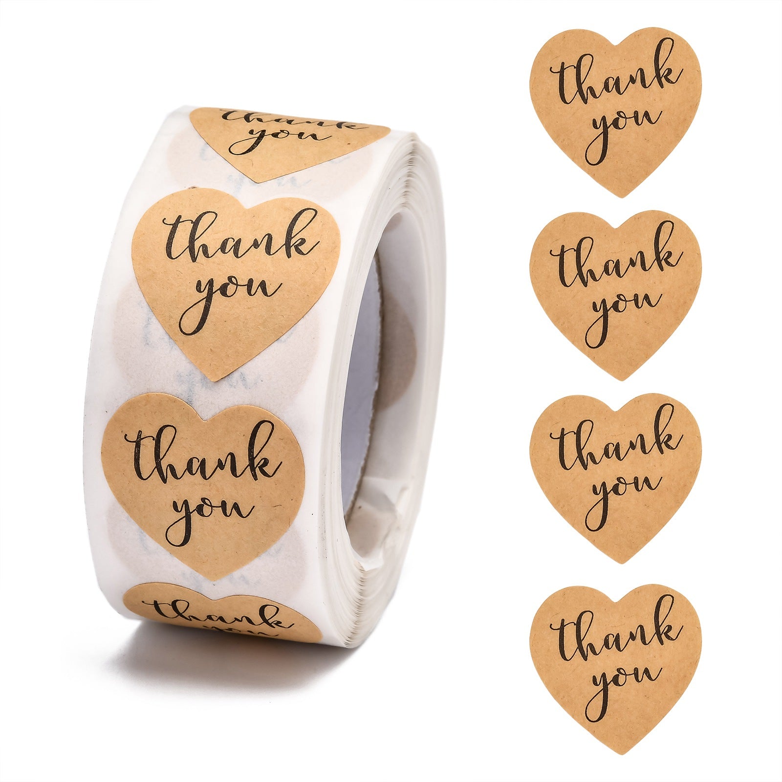 Globleland 1 Inch Thank You Stickers, Self-Adhesive Kraft Paper Gift Tag Stickers, Adhesive Labels, Heart Shape, Tan, Heart: 25x25mm, 500pcs/roll