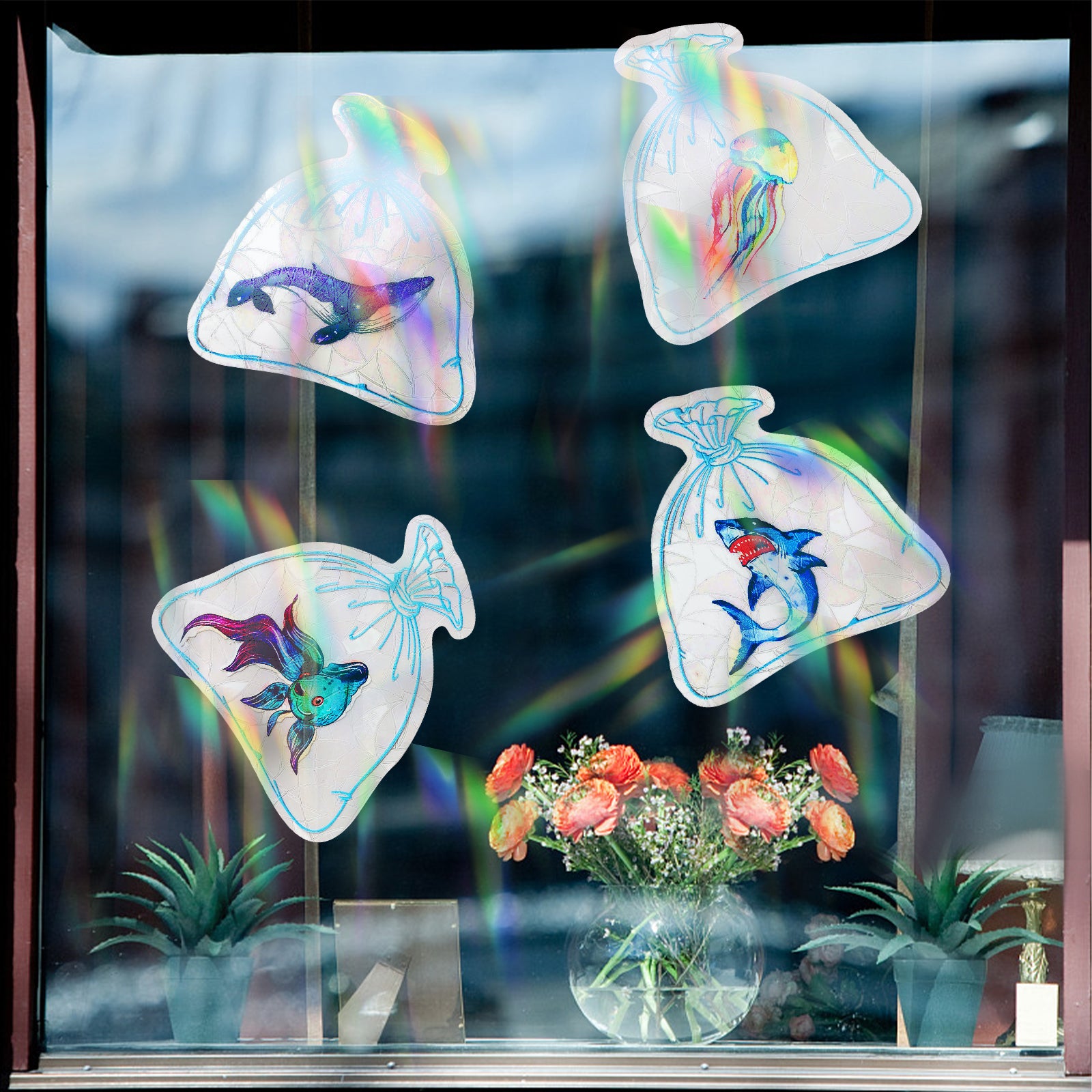 Globleland 4 Sets 4 Style Waterproof PVC Window Film Adhesive Stickers, Electrostatic Window Stickers, Candy Bag Shape, Fish, Shark, Jellyfish, Whale Pattern, Colorful, 13.5x13cm, 1pc/style