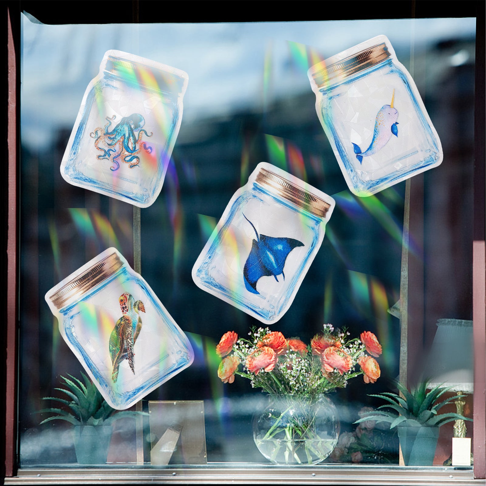 Globleland 4 Sets 4 Style Waterproof PVC Window Film Adhesive Stickers, Electrostatic Window Stickers, Bottle Shape, Fish, Tortoise, Octopus, Whale Pattern, Colorful, 14.7x11cm, 1pc/style