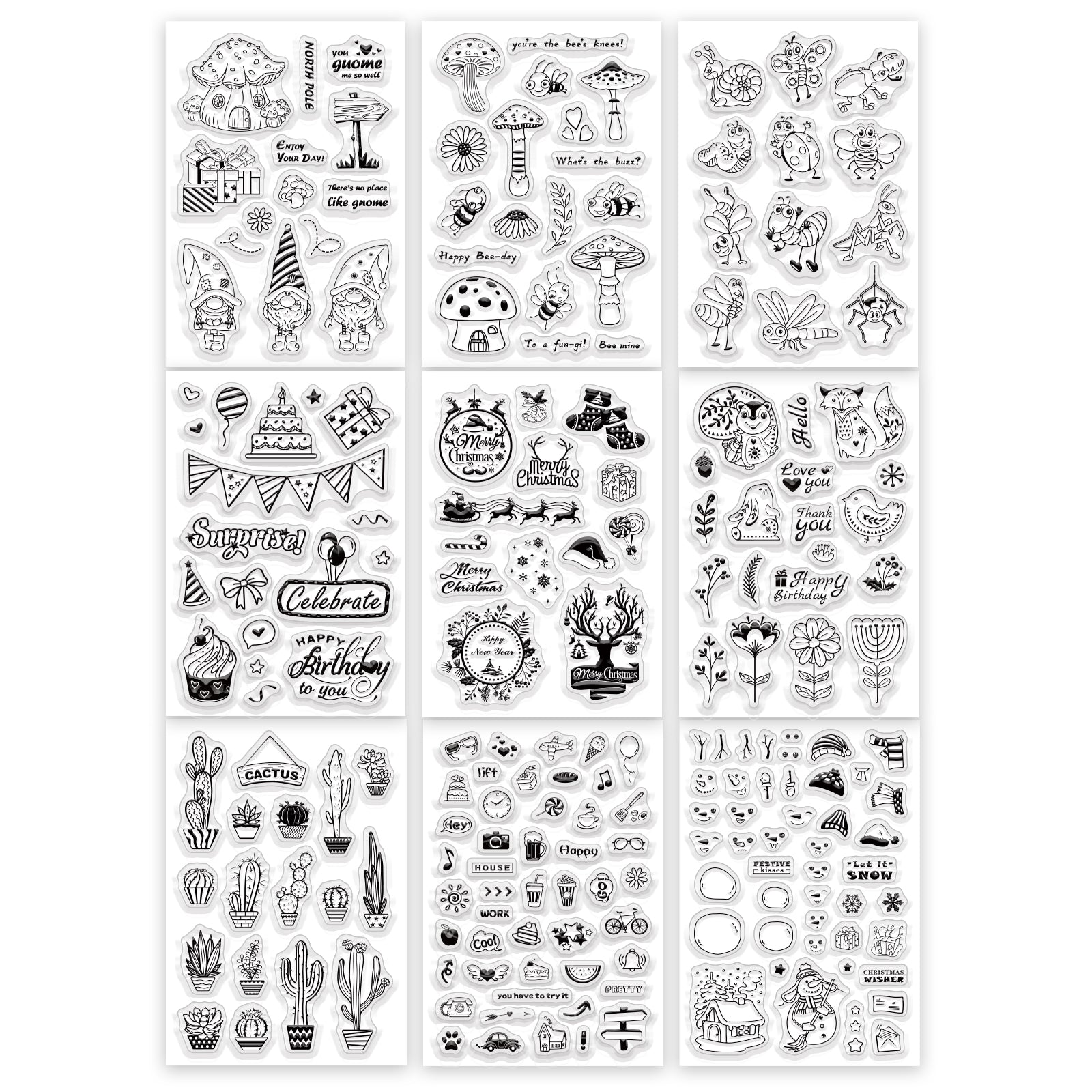 GLOBLELAND 9 Sheets Silicone Clear Stamps Seal for Card Making Decoration and DIY Scrapbooking(Christmas Theme, cartoon insects, birthday, Christmas, dwarf elf, cactus, snowman, bee)