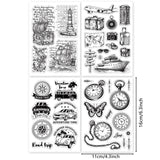 Globleland Globleland Travel Theme 4 Sheets 4 Styles PVC Plastic Stamps, for DIY Scrapbooking, Photo Album Decorative, Cards Making, Stamp Sheets, Clock & Compass & Ship & Luggage Pattern, Mixed Patterns, 160x110x3mm, 1 sheet/style
