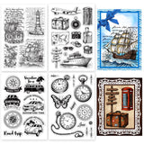 Globleland Globleland Travel Theme 4 Sheets 4 Styles PVC Plastic Stamps, for DIY Scrapbooking, Photo Album Decorative, Cards Making, Stamp Sheets, Clock & Compass & Ship & Luggage Pattern, Mixed Patterns, 160x110x3mm, 1 sheet/style