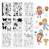 Globleland 9 Sheets 9 Style PVC Plastic Stamps, for DIY Scrapbooking, Photo Album Decorative, Cards Making, Stamp Sheets, Floral & Animal & Human & Word & Train Pattern, Mixed Patterns, 16x11x0.3cm, 1 sheet/style