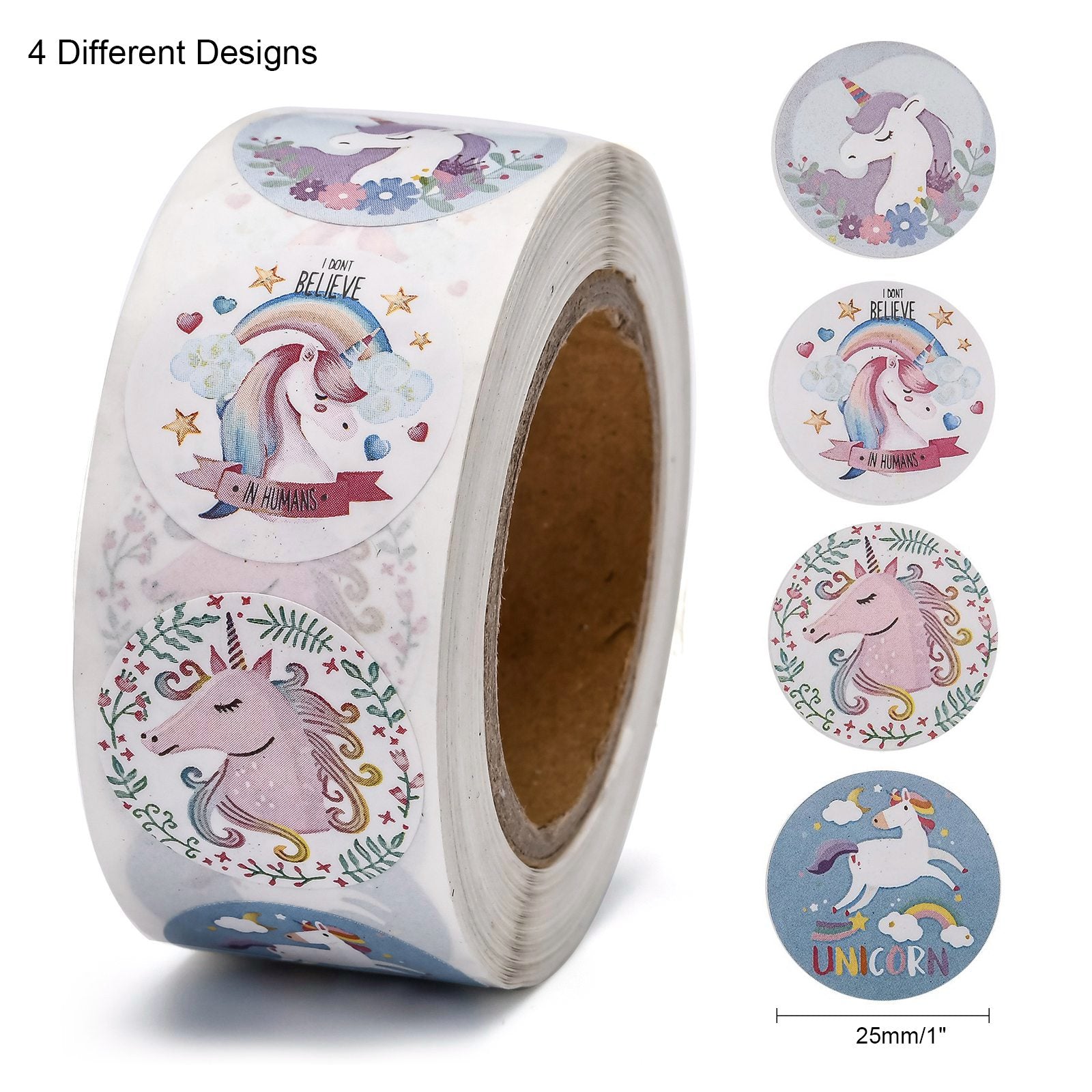 Globleland Self-Adhesive Paper Stickers, Gift Tag, for Party, Decorative Presents, Round, Colorful, Unicorn Pattern, 25mm, 500pcs/roll