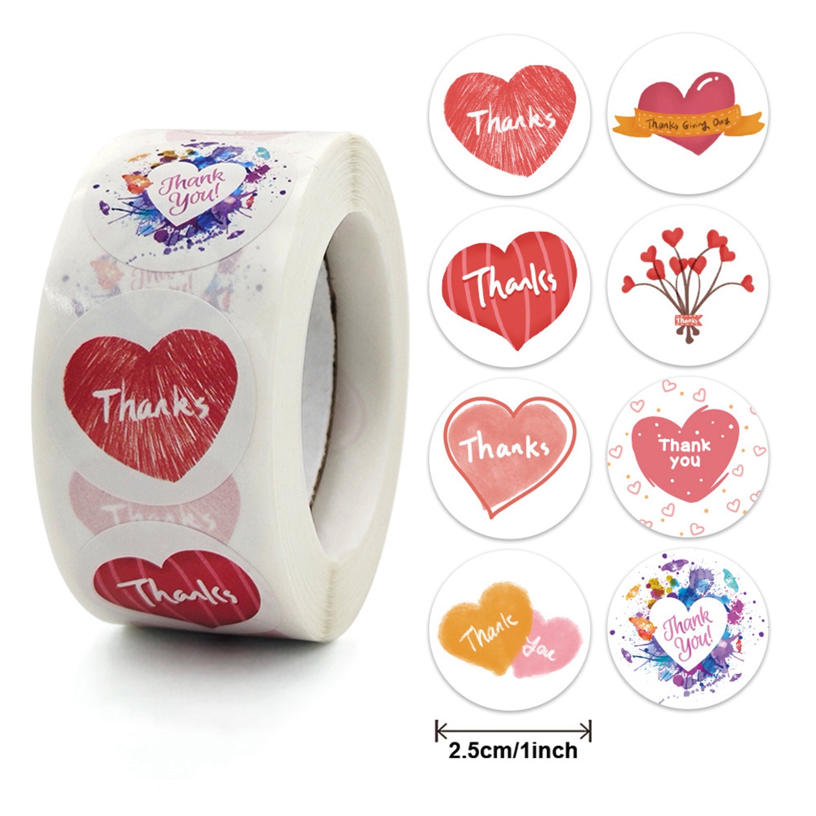 Globleland Thank You Theme Self Adhesive Paper Stickers, Colourful Roll Sticker Labels, Gift Tag Stickers, Heart Pattern, 2.5x0.1cm, 500pc/roll