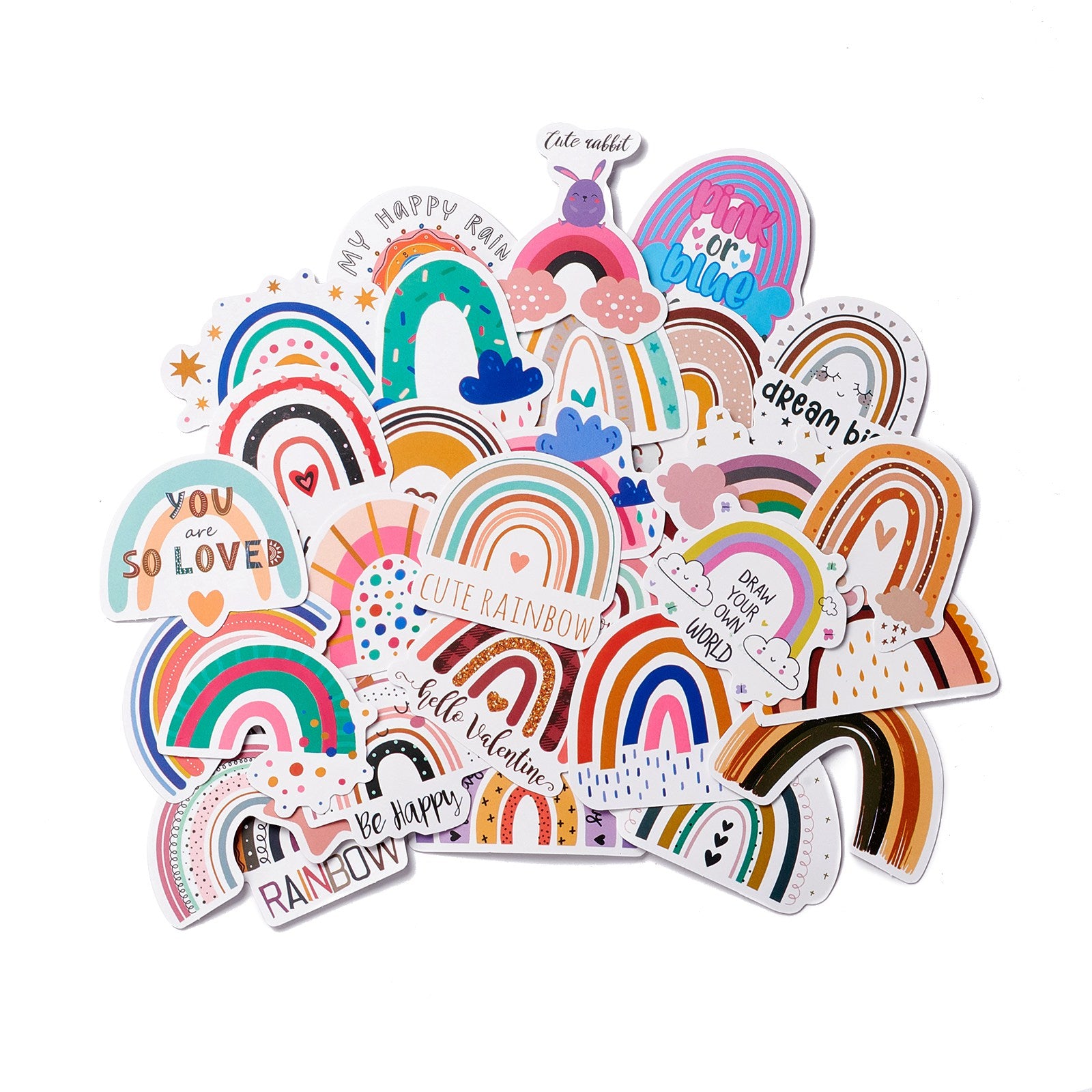 Globleland Cartoon Rainbow Paper Stickers Set, Adhesive Label Stickers, for Suitcase, Planner and Refigerator Decor, Mixed Color, 3.2~5.4x4~6.7x0.02cm, 60pcs/bag