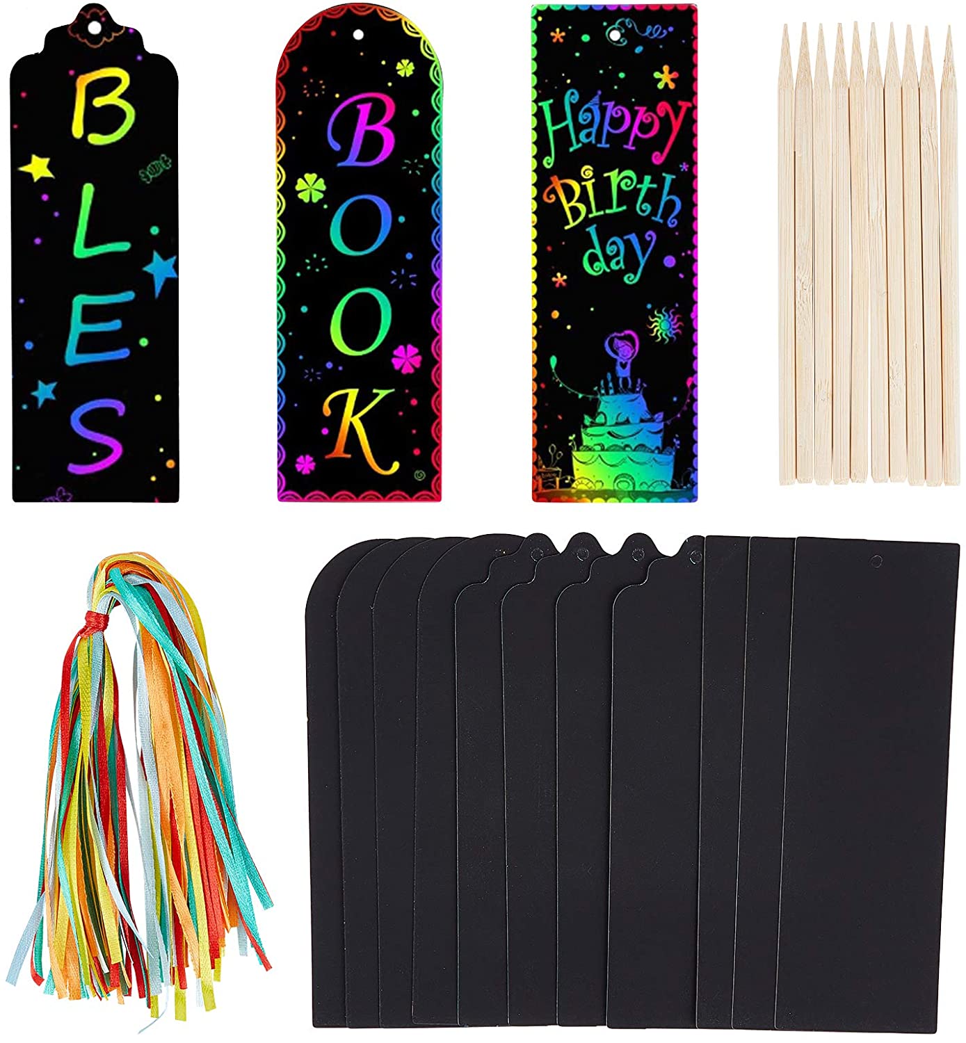 Globleland Bookmarks Making Kit, with Blank Paper Cards with Hole, Ribbon  and Bamboo Sticks, for DIY Scratch Art Paper Magic Bookmark Gift Tags