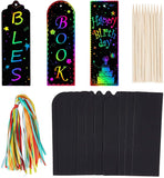 Globleland Bookmarks Making Kit, with Blank Paper Cards with Hole, Ribbon and Bamboo Sticks, for DIY Scratch Art Paper Magic Bookmark Gift Tags, Black, 150x50x0.2mm, Hole: 3mm