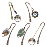 Globleland 5Pcs 5 Style Brass Bookmarks, Horse Eye & Leaf & Chakra & Flat Round with Tree of Life with Natural Mixed Gemstone, Antique Silver, 1pc/style