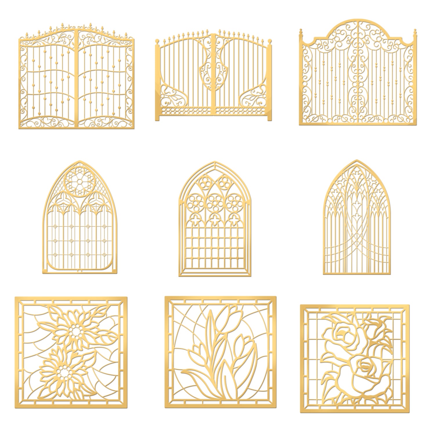 Globleland 9Pcs 9 Styles Nickel Self-adhesive Picture Stickers, Golden, Window & Door, Mixed Patterns, 40x40mm, 1pc/style