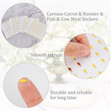 Globleland 80 Sheets 4 Style Cartoon Carrot & Rooster & Fish & Cow Meal Stickers, Adhesive Square Paper Labels, Gold, 7.8x9cm, 30pcs/sheet, 20sheets/style