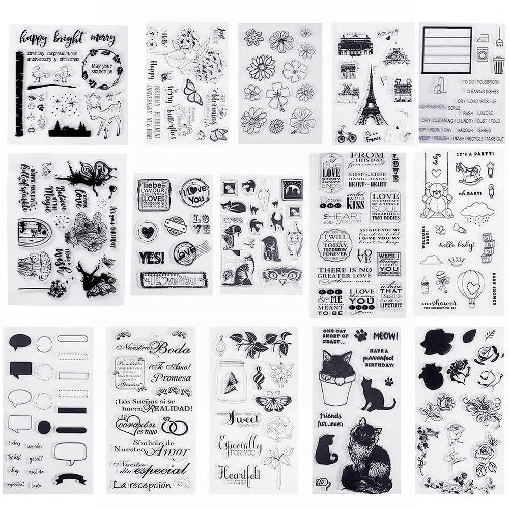 Globleland 15 Sheets (Flower, Cat, Clover, Travel) Silicone Clear Stamps Seal for Cards Making DIY Scrapbooking Photo Card Album Decoration