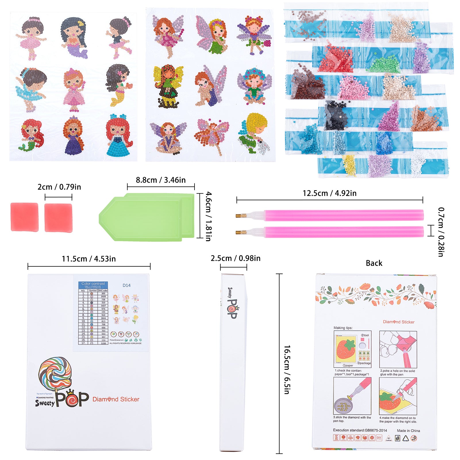 Globleland DIY Diamond Painting Stickers Kits For Kids, with Diamond Painting Stickers, Rhinestones, Diamond Sticky Pen, Tray Plate and Glue Clay, Mixed Color, 2boxes/set