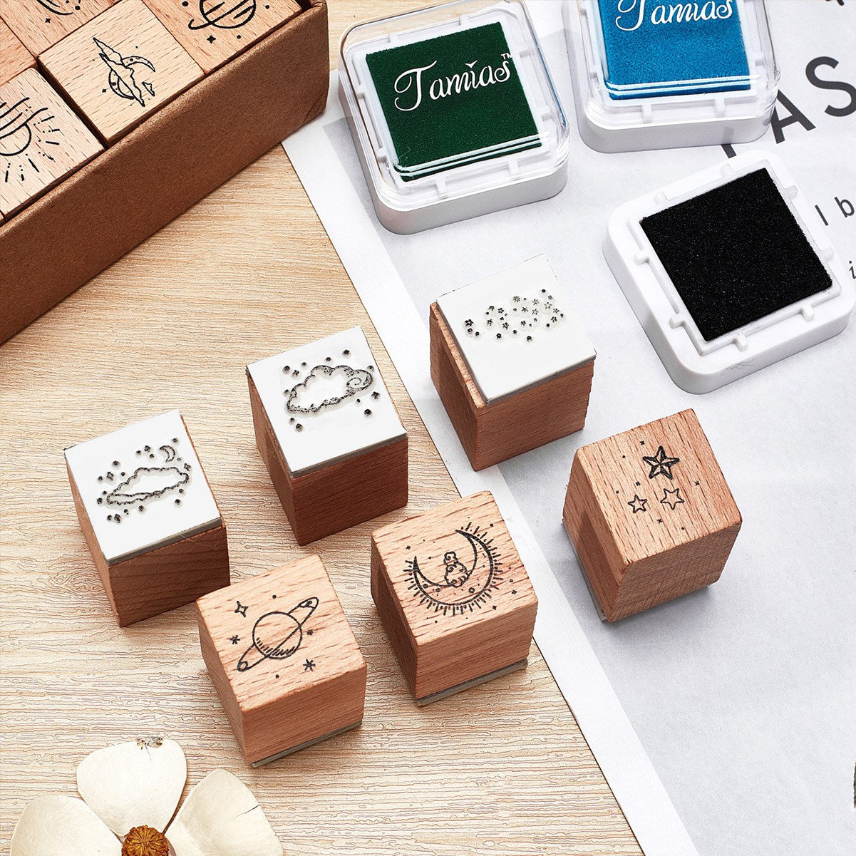 Globleland Wooden Stamp, with Rubber, for Scrapbooking, Cube, BurlyWood, 35x25x20mm, 16pcs/set